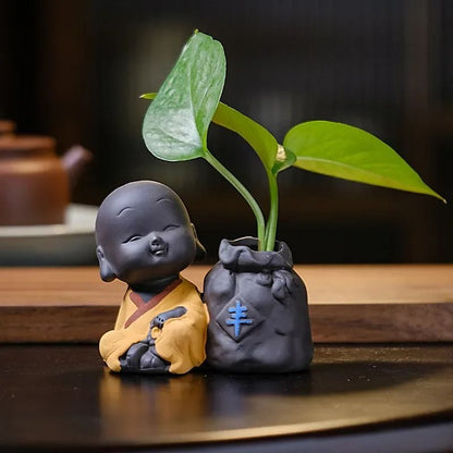 Cute little monk purple clay tea pet vase mini planter home decor