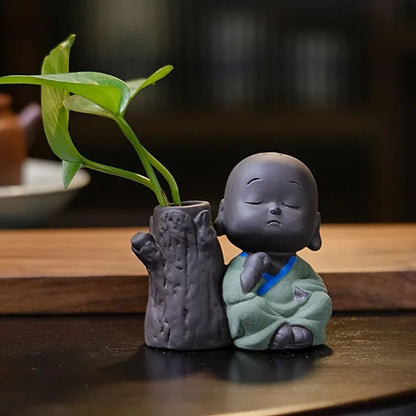 Cute little monk purple clay tea pet vase mini planter home decor