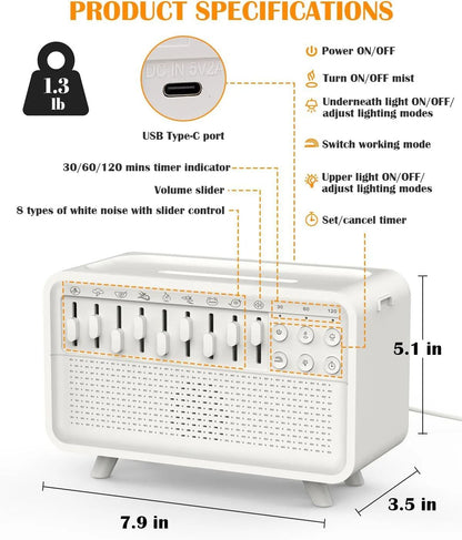 Bluetooth White Noise Machine With Aroma Diffuser Humidifier And Night Light