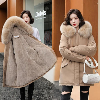 Women mid length drawstring parka thick warm hooded coat spring autumn