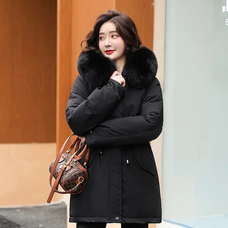 Women mid length drawstring parka thick warm hooded coat spring autumn