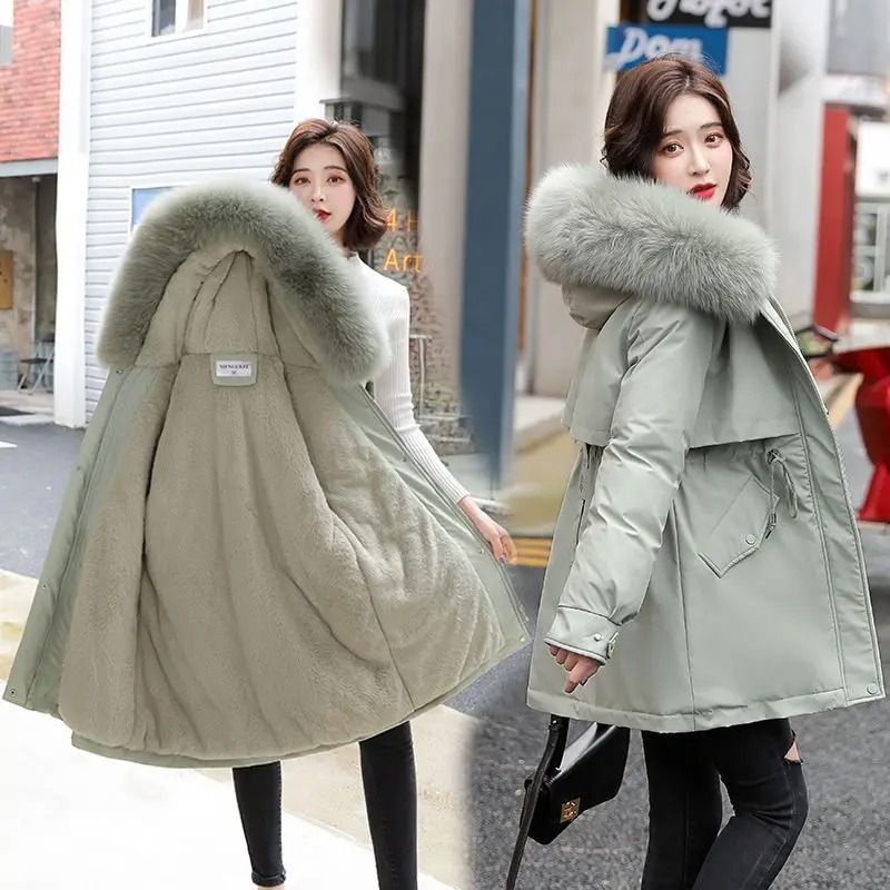 Women mid length drawstring parka thick warm hooded coat spring autumn