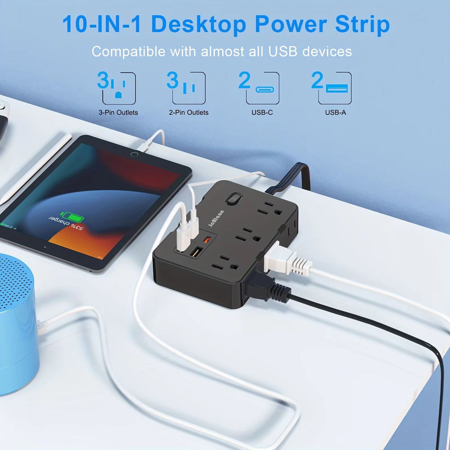 Ultra Thin Flat Plug Power Strip with 6 Outlets and 4 USB Ports (2 USB-C) – 5ft Surge Protector Extension Cord
