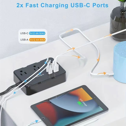 Ultra Thin Flat Plug Power Strip with 6 Outlets and 4 USB Ports (2 USB-C) – 5ft Surge Protector Extension Cord