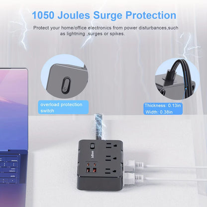 Ultra Thin Flat Plug Power Strip with 6 Outlets and 4 USB Ports (2 USB-C) – 5ft Surge Protector Extension Cord