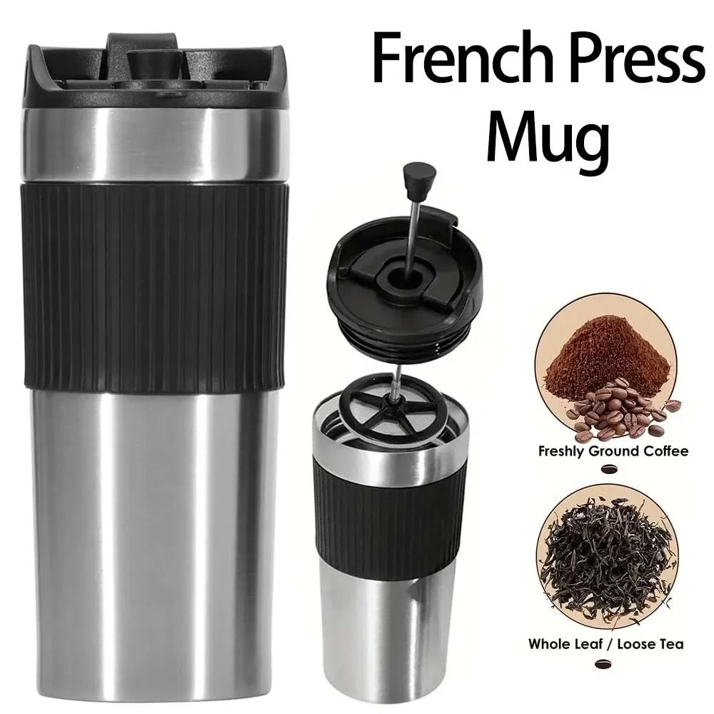 Portable French Press Coffee Maker Travel Mug with Double Wall Insulated Vacuum Design