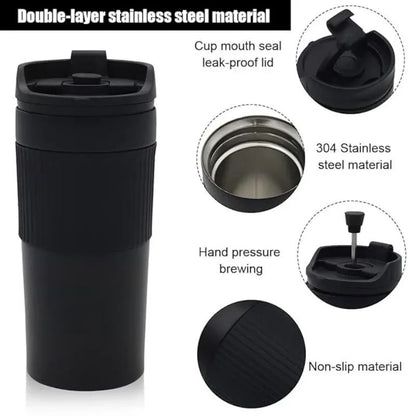 Portable French Press Coffee Maker Travel Mug with Double Wall Insulated Vacuum Design