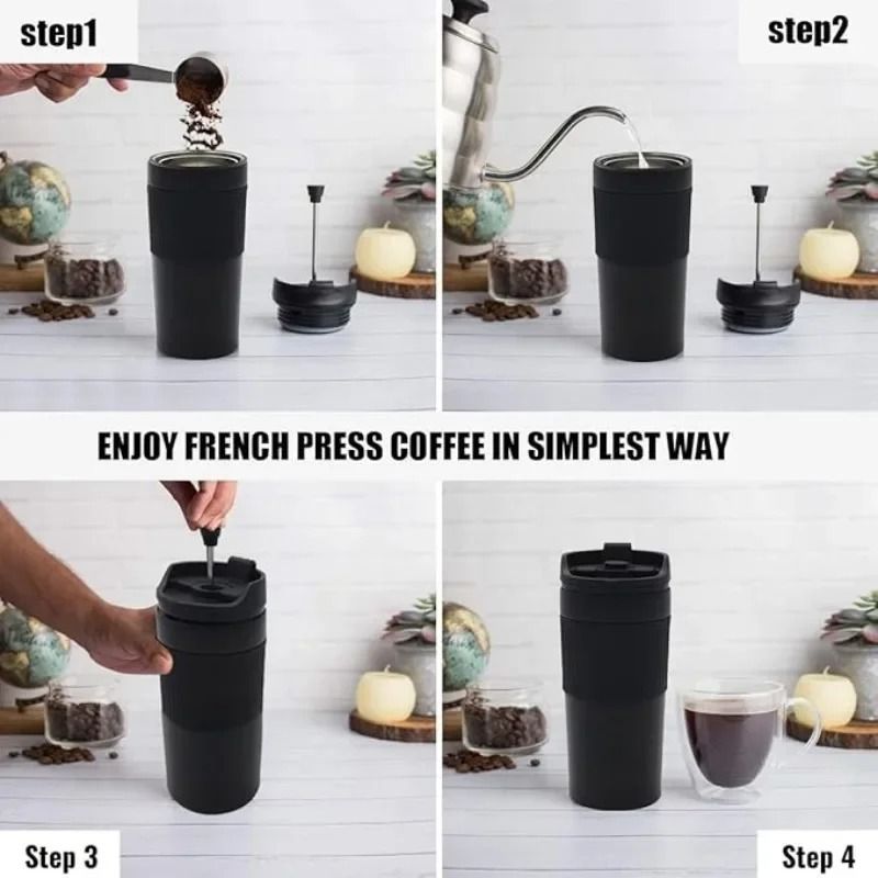 Portable French Press Coffee Maker Travel Mug with Double Wall Insulated Vacuum Design