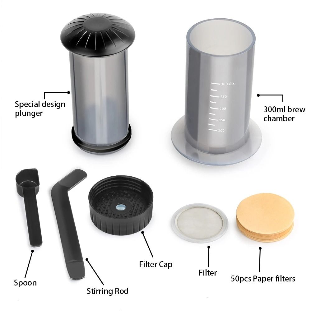 Portable Espresso Coffee Maker French Press Style with 300ml Brew Chamber Filters and Paper Kit