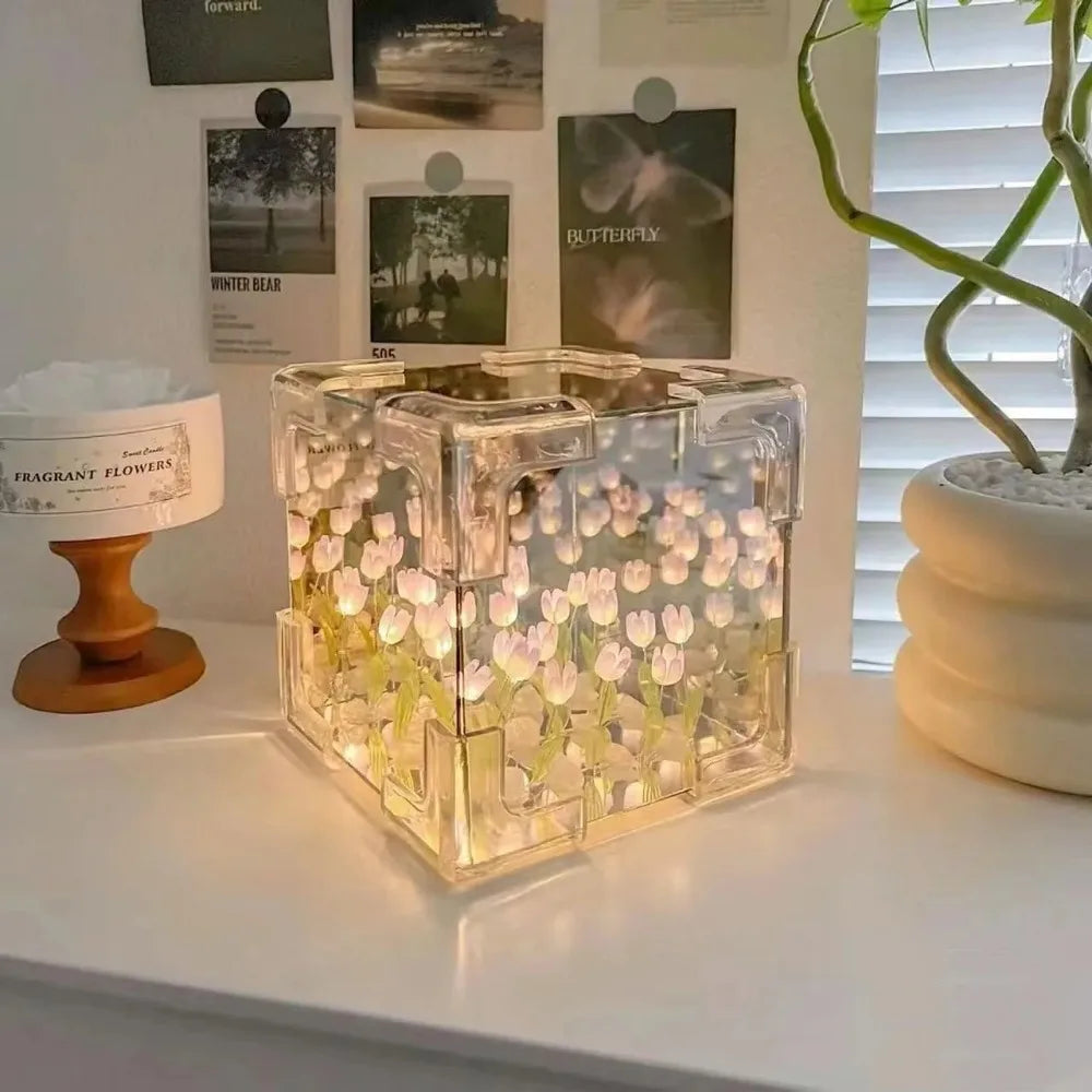 Creative DIY Tulip Flower Sea Cube Night Light Kit, 3D Romantic Gift for Girlfriend, Couples