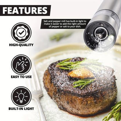 Electric Salt Pepper Grinder, One Handed Operation, Stainless Steel Spice Mill with LED Light, Adjustable Coarsenes