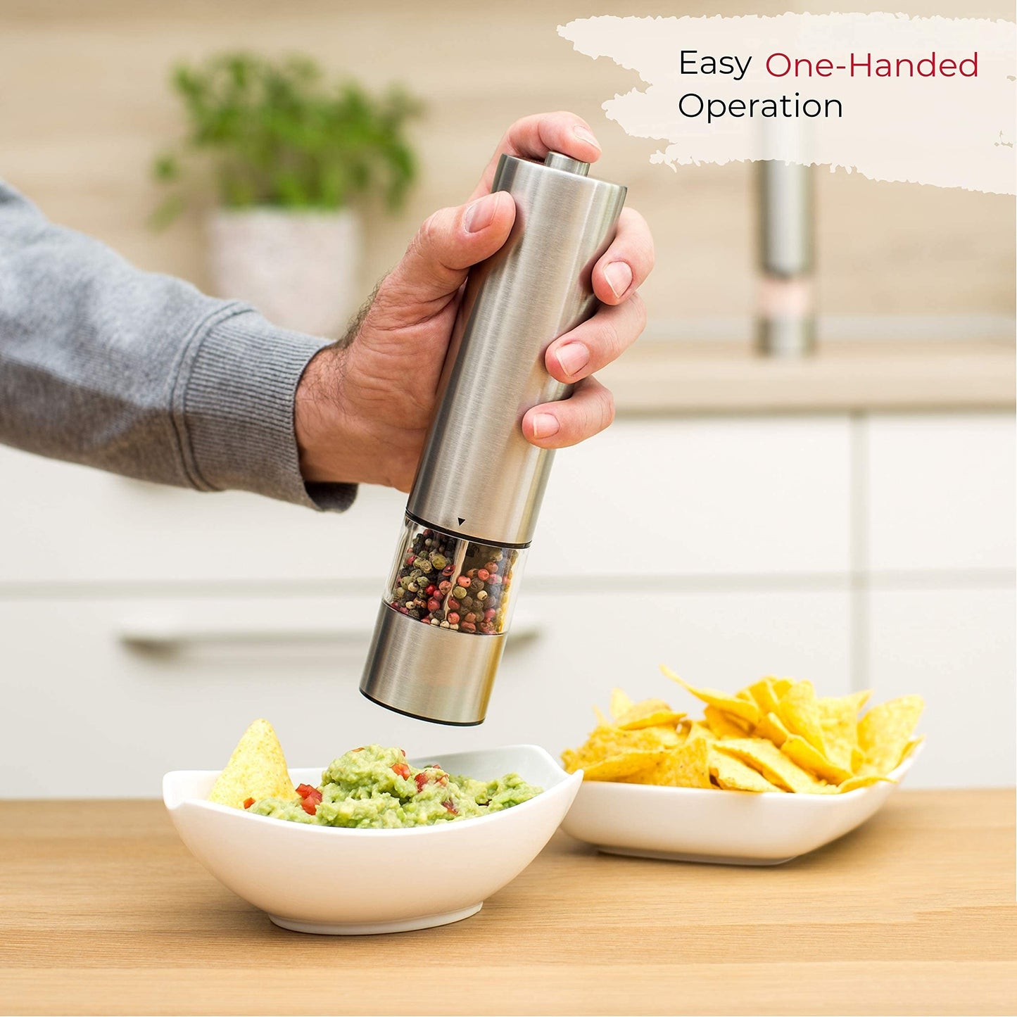 Electric Salt Pepper Grinder, One Handed Operation, Stainless Steel Spice Mill with LED Light, Adjustable Coarsenes