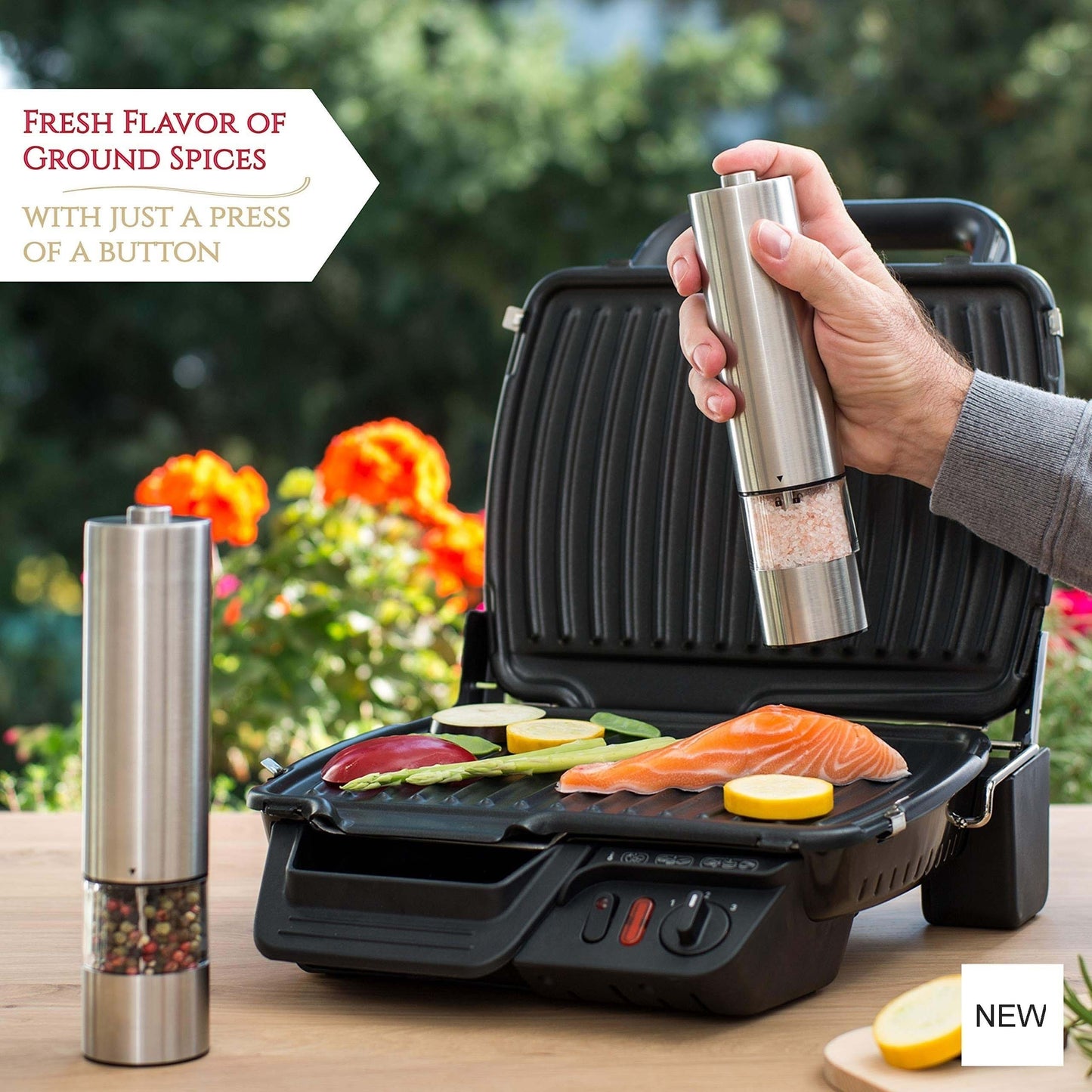 Electric Salt Pepper Grinder, One Handed Operation, Stainless Steel Spice Mill with LED Light, Adjustable Coarsenes
