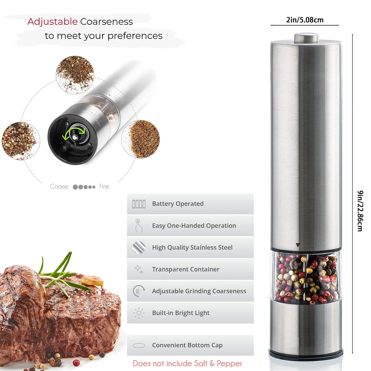 Electric Salt Pepper Grinder, One Handed Operation, Stainless Steel Spice Mill with LED Light, Adjustable Coarsenes