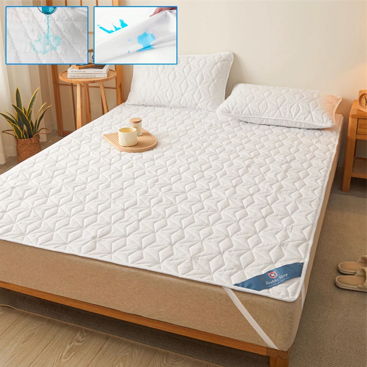 Waterproof Mattress Protector Breathable Noiseless Mattress Cover with Elastic Straps