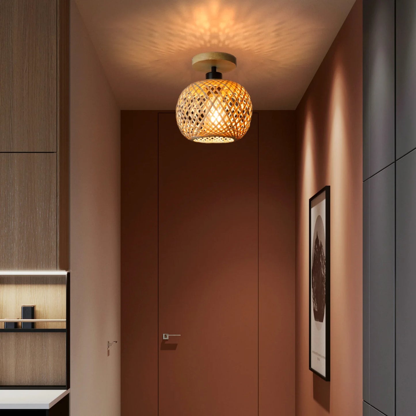 Retro LED Bamboo Woven Ceiling Lamp for Corridor, Aisle & Living Room, Decorative Woven Lamps & Natural Ceiling Light