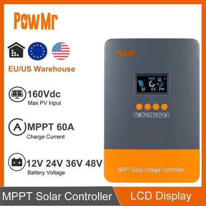 PowMr MPPT Solar Charge Controller – 60A 12V/24V/36V/48V Auto Regulator with LCD Display for Lithium Battery Systems