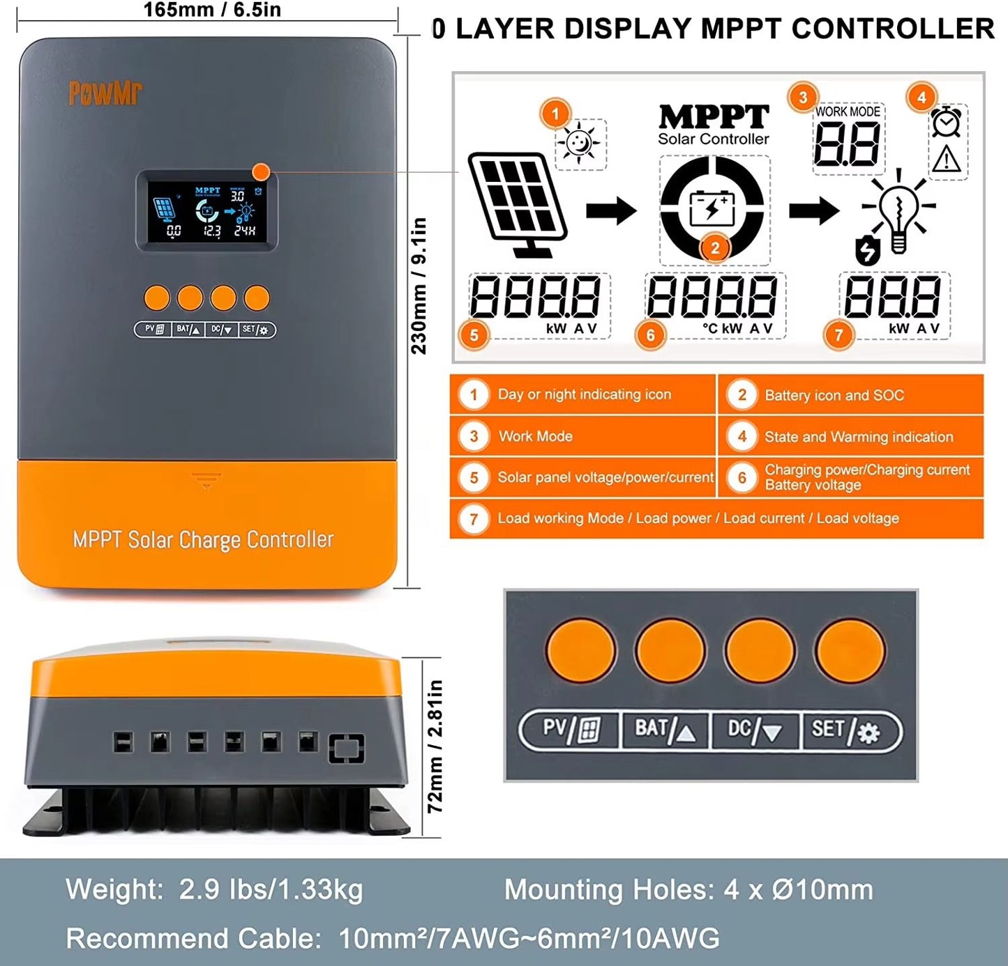 PowMr MPPT Solar Charge Controller – 60A 12V/24V/36V/48V Auto Regulator with LCD Display for Lithium Battery Systems