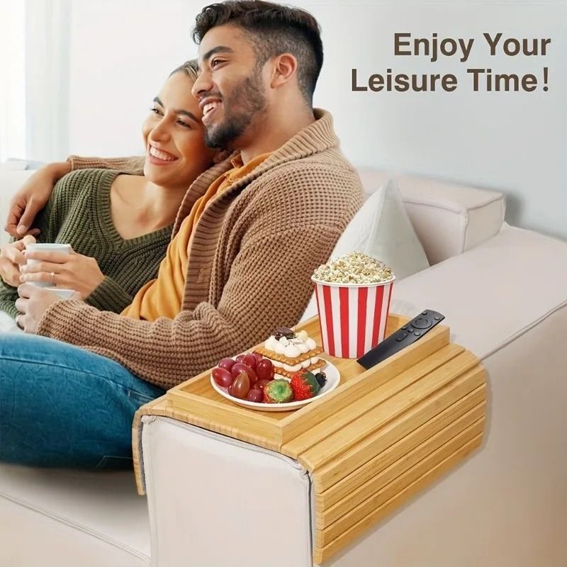 Foldable Bamboo Sofa Armrest Tray with Cup Holder