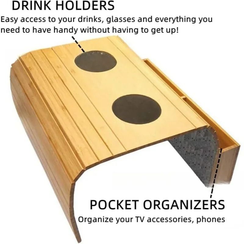 Foldable Bamboo Sofa Armrest Tray with Cup Holder