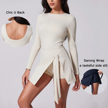 High Neck Long Sleeve Tennis Dress With Wrap Skirt And Built In Shorts
