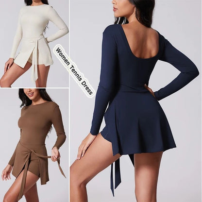 High Neck Long Sleeve Tennis Dress With Wrap Skirt And Built In Shorts