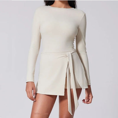 High Neck Long Sleeve Tennis Dress With Wrap Skirt And Built In Shorts