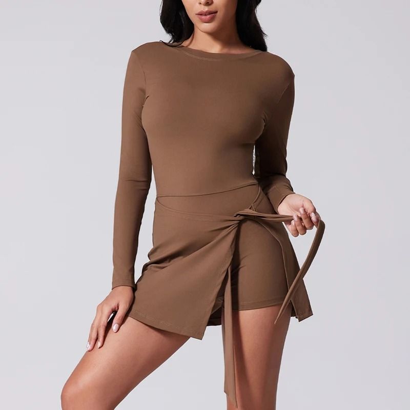High Neck Long Sleeve Tennis Dress With Wrap Skirt And Built In Shorts