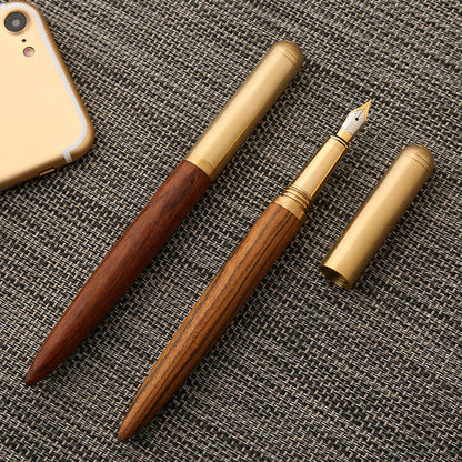 Luxury Retro Wood Bronze Fountain Pen Wooden Office Writing Calligraphy Pen for Business, Art, and Stationery Gift