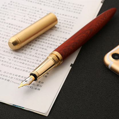 Luxury Retro Wood Bronze Fountain Pen Wooden Office Writing Calligraphy Pen for Business, Art, and Stationery Gift