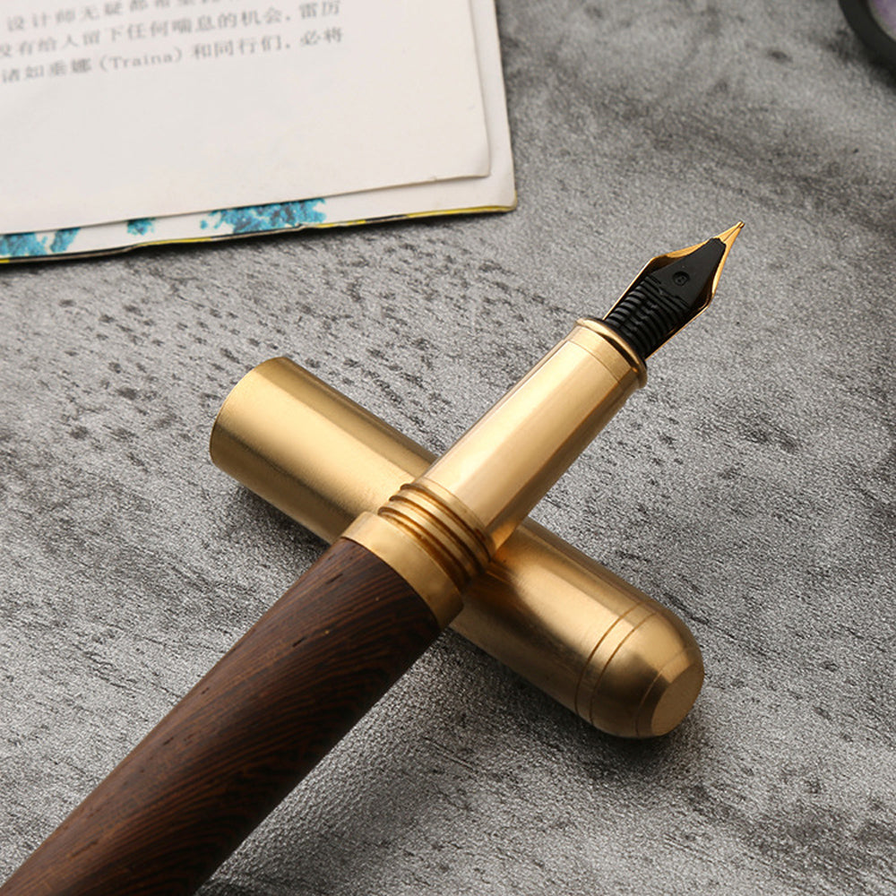 Luxury Retro Wood Bronze Fountain Pen Wooden Office Writing Calligraphy Pen for Business, Art, and Stationery Gift