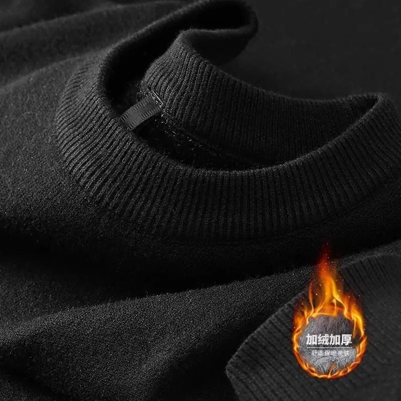 Mens Plush Knitted Turtleneck Sweater with Velvet Lining