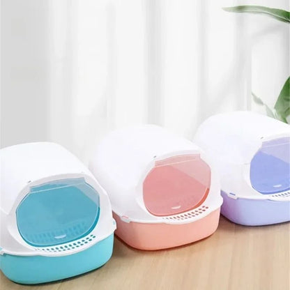 Semi Enclosed Cat Litter Box Splashproof Kitty Toilet with Cleaning Basin