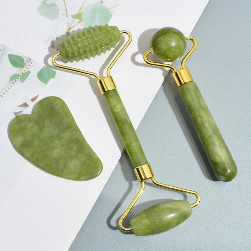 Natural Jade Roller and Gua Sha Face Massage Set for Skin Care and Relaxation