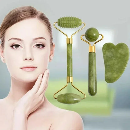 Natural Jade Roller and Gua Sha Face Massage Set for Skin Care and Relaxation