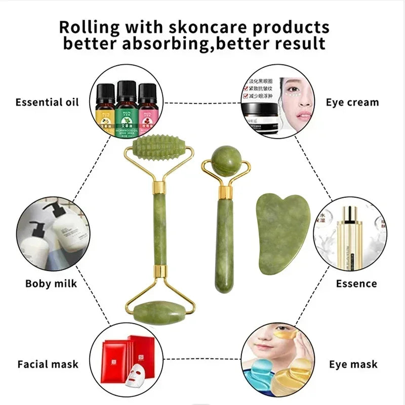 Natural Jade Roller and Gua Sha Face Massage Set for Skin Care and Relaxation