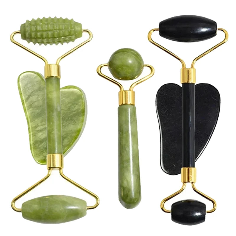Natural Jade Roller and Gua Sha Face Massage Set for Skin Care and Relaxation