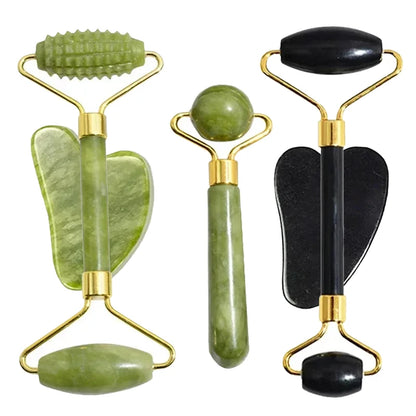 Natural Jade Roller and Gua Sha Face Massage Set for Skin Care and Relaxation