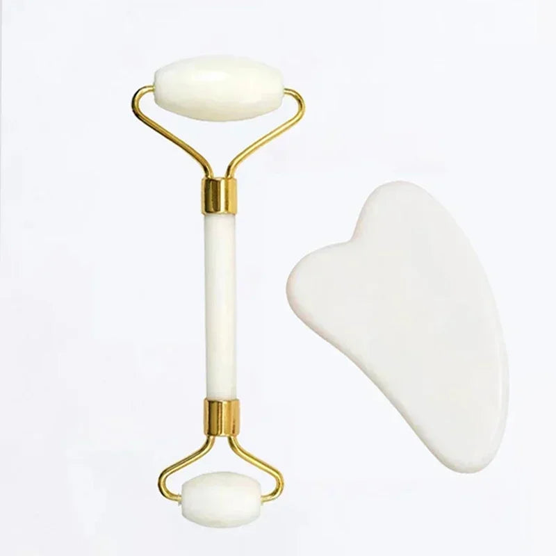 Natural Jade Roller and Gua Sha Face Massage Set for Skin Care and Relaxation