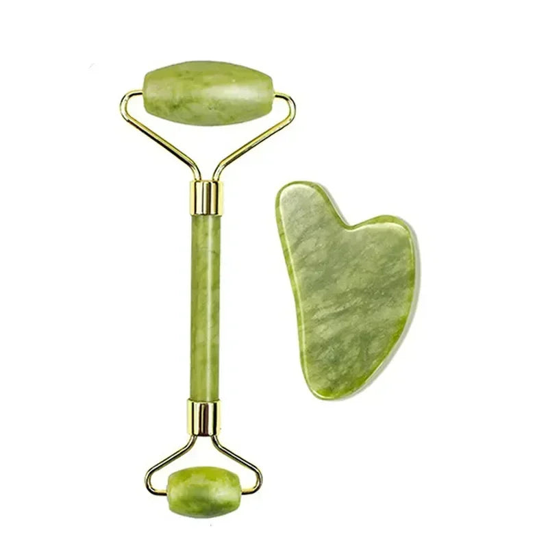 Natural Jade Roller and Gua Sha Face Massage Set for Skin Care and Relaxation