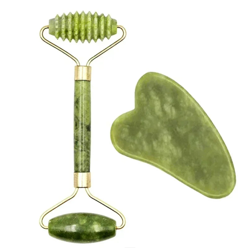 Natural Jade Roller and Gua Sha Face Massage Set for Skin Care and Relaxation