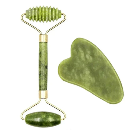 Natural Jade Roller and Gua Sha Face Massage Set for Skin Care and Relaxation