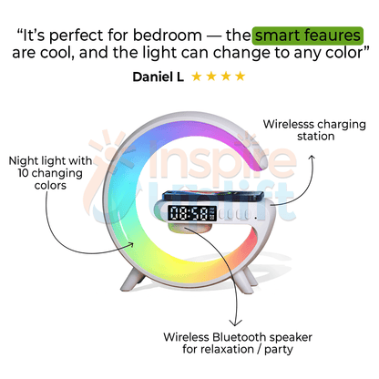 G-Shaped LED Smart Wake Up Light with RGB Night Light & Wireless Speaker | 5-in-1 Charger & Alarm Clock