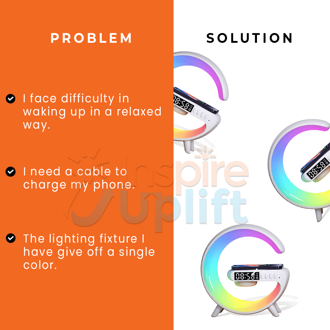 G-Shaped LED Smart Wake Up Light with RGB Night Light & Wireless Speaker | 5-in-1 Charger & Alarm Clock