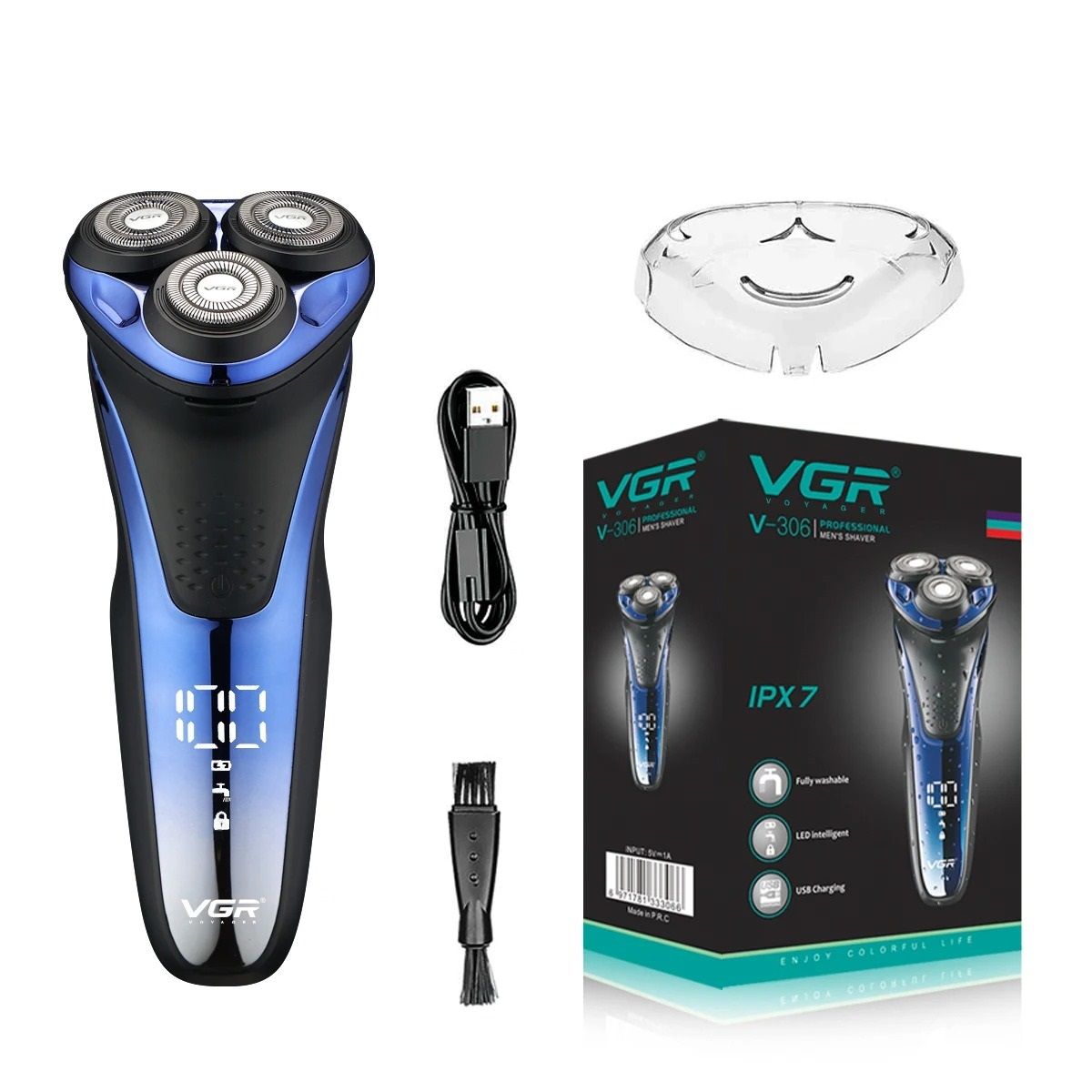 Waterproof Rotary Electric Shaver with Pop Up Trimmer Rechargeable V 306