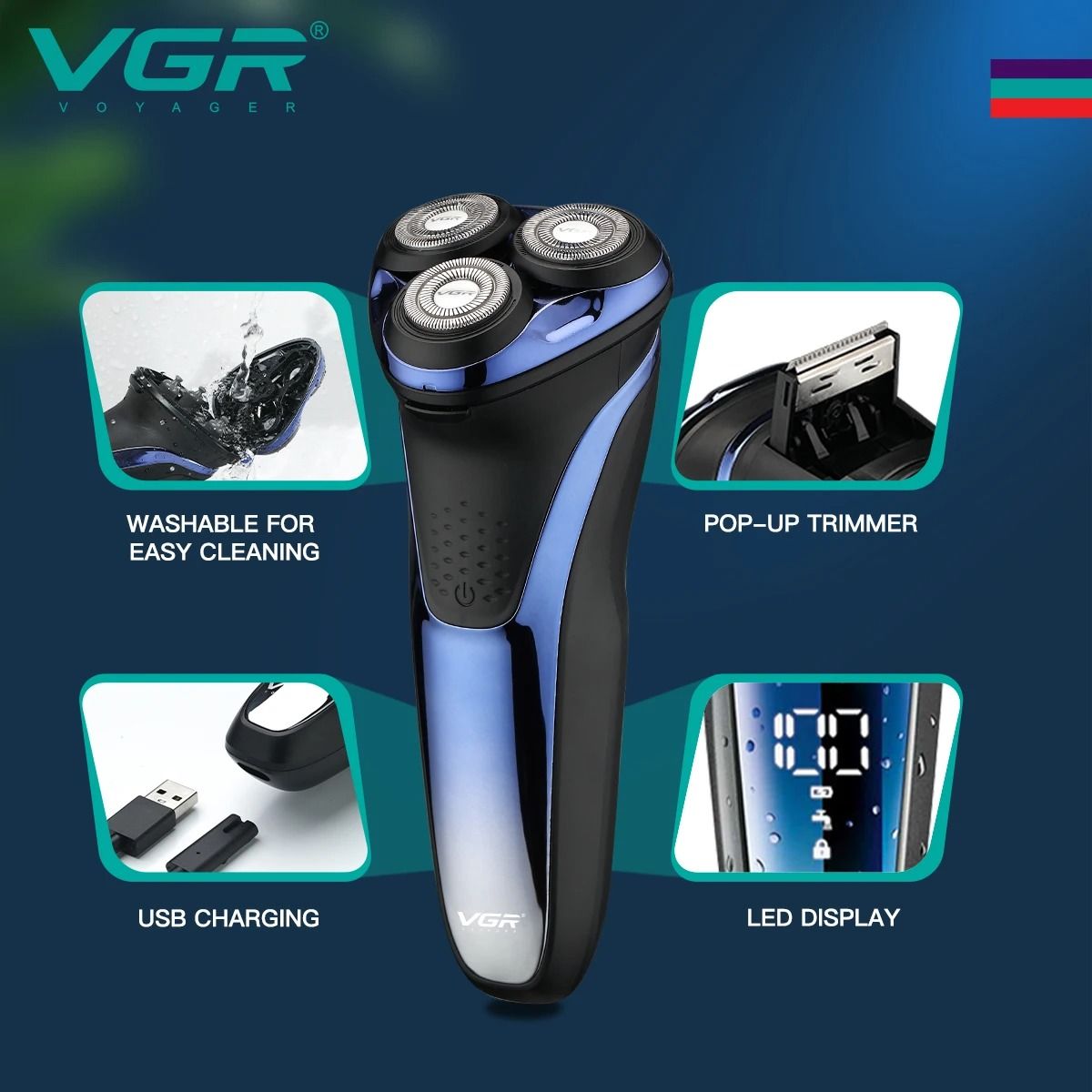 Waterproof Rotary Electric Shaver with Pop Up Trimmer Rechargeable V 306