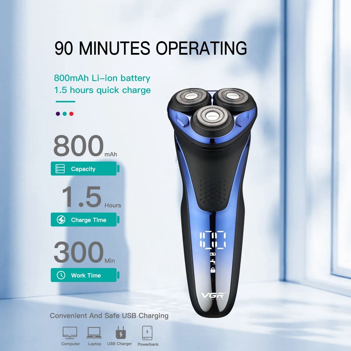 Waterproof Rotary Electric Shaver with Pop Up Trimmer Rechargeable V 306