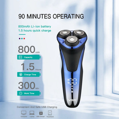 Waterproof Rotary Electric Shaver with Pop Up Trimmer Rechargeable V 306