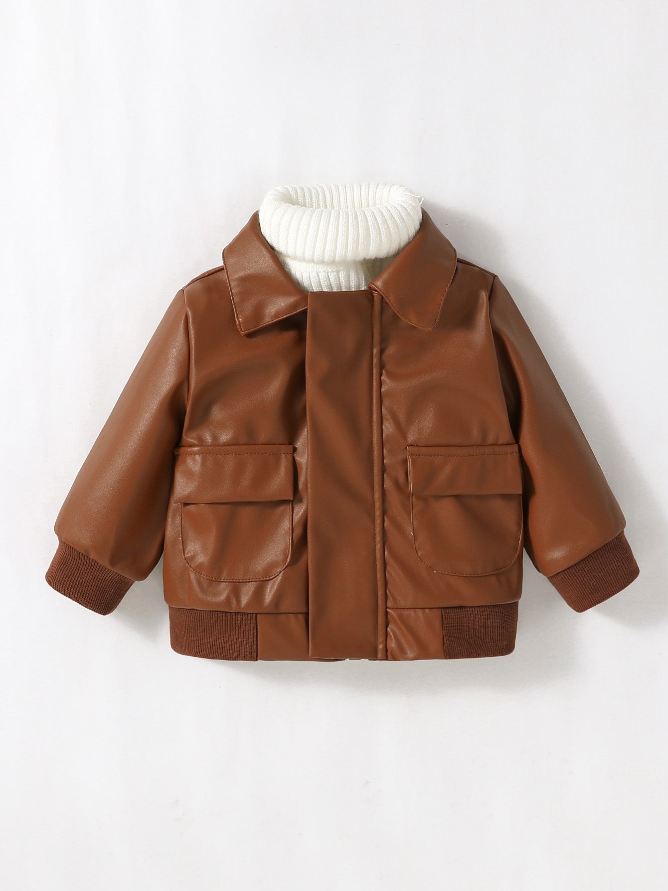 2024 New Baby Boys PU Leather Jacket, 1-3Y Fall Winter Leather Coat with Turn-Down Collar, Zipper, Fashion Outwear