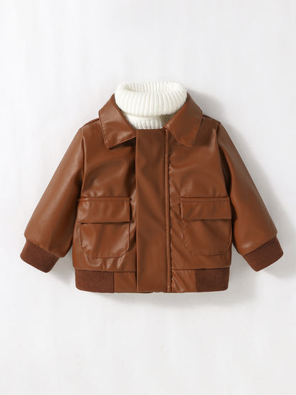 2024 New Baby Boys PU Leather Jacket, 1-3Y Fall Winter Leather Coat with Turn-Down Collar, Zipper, Fashion Outwear
